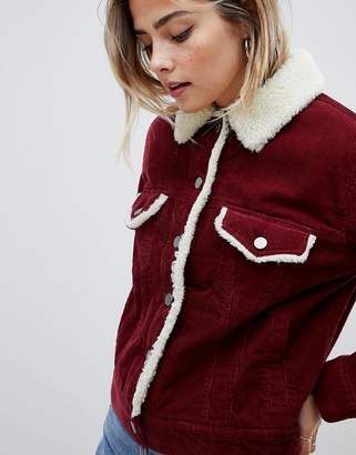 ASOS Design DESIGN cord jacket with borg collar in berry