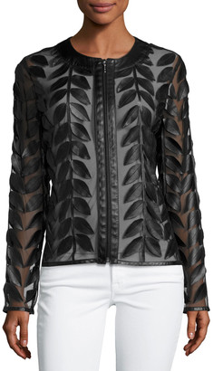 Neiman Marcus Leather Collection Leather Leaf-Trimmed Sheer Organza Jacket, Black