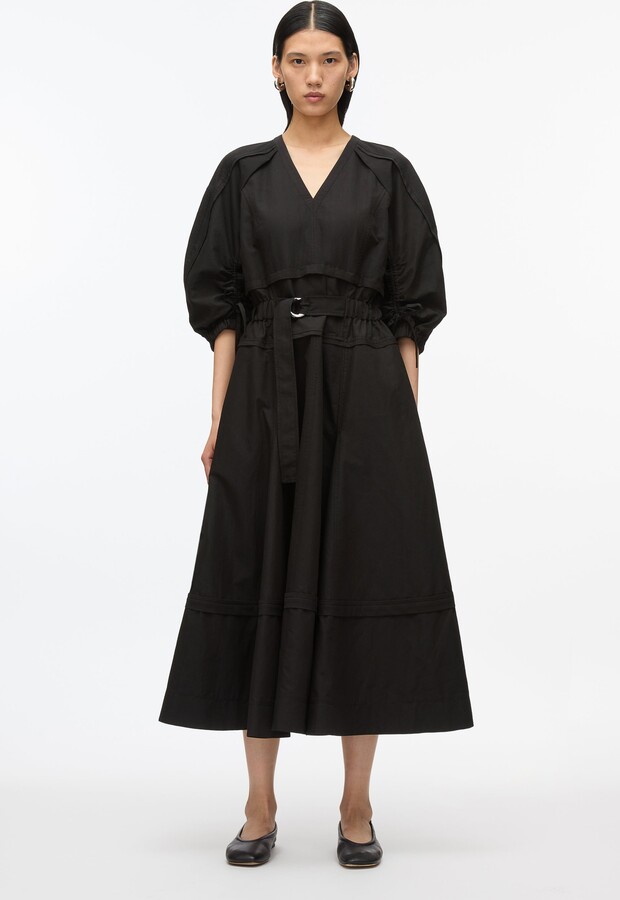 V-Neck Dress with Gathered Sleeves in BLACK