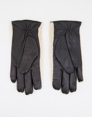 Barneys Originals Barney's Originals borg & real leather gloves in beige