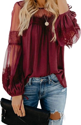 Xinantime Lantern Sleeve Blouse for Women Lace Patchwork Long Sleeve Tops Solid Color Round Neck Oversized Shirt Sweatershirt 