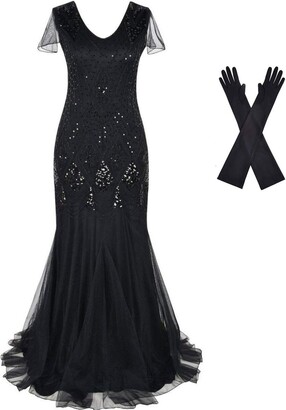 Generic Women Evening Dress 1920s Flapper Cocktail Mermaid Plus Size Formal Gown with Gloves - Black - 18/20 UK/L