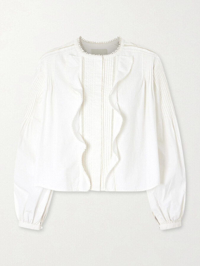 Isabel Marant Lace-trimmed Ruffled Pintucked Cotton-poplin Blouse - White