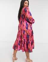 Thumbnail for your product : Never Fully Dressed Plus puff sleeve tiered smock dress in deep tone people print