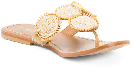 Mubeuo Womens Leather Bling Beaded Fashion Flat Thong Sandals 