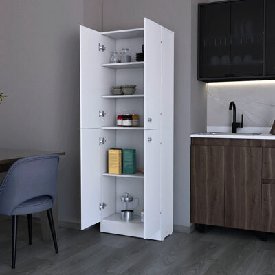Latitude Run White Pantry Cabinet With 4 Doors And 5 Shelves For Charming Bedroom 4-Door Hidden Elegant Study Room