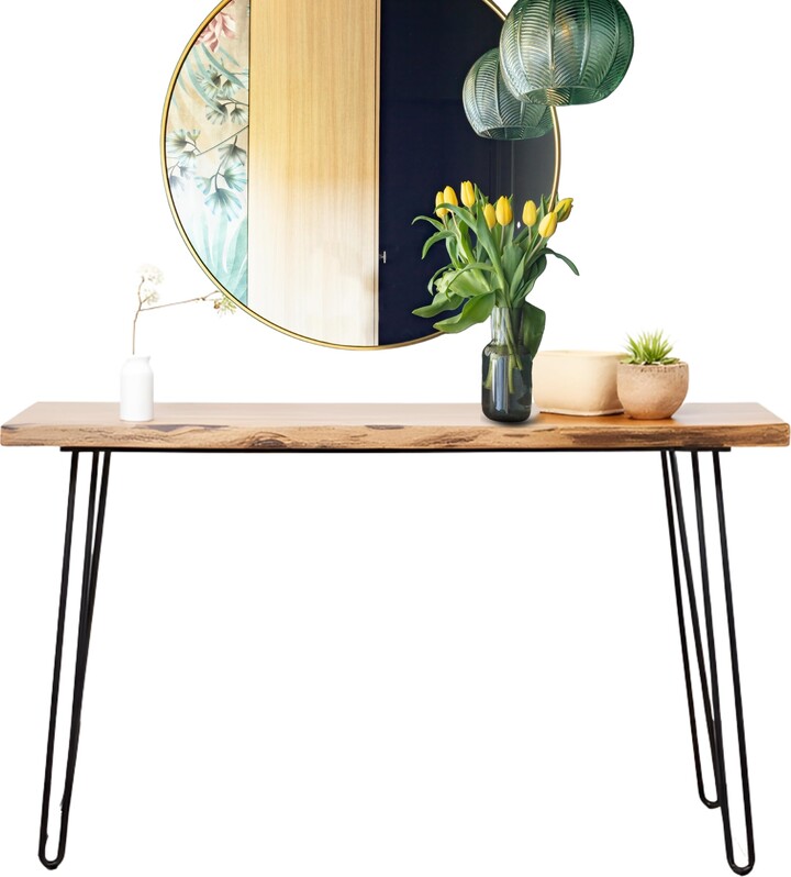 Alaterre Furniture Hairpin Natural Wood Media Console Table with Metal Legs