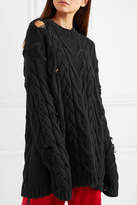 Thumbnail for your product : Palm Angels Distressed Cable-knit Cotton-blend Sweater - Black