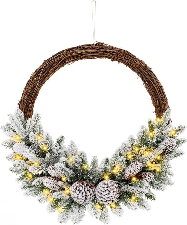 ANGELES HOME 24 in. White Snow Flocked Pre-Lit LED Artificial Christmas Wreath with Pine Cones