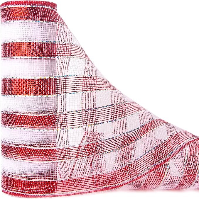 Ribbli Red and White Stripe Metallic Mesh Ribbon, 10 inch x 30 feet(10Yard), Red and White with Iridescent Silver Foil, Christmas Ribbon for Wreath Swags and Christmas Tree Decoration