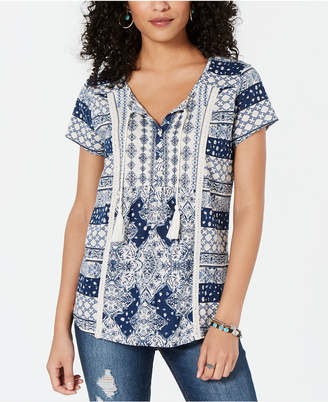 Style&Co. Style & Co Mixed-Print Crochet-Trim Top