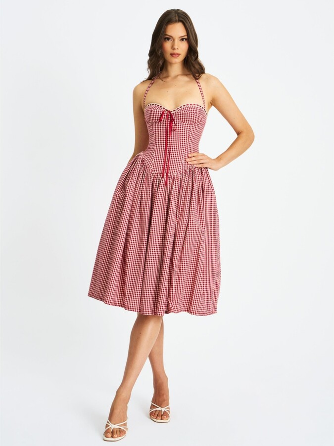 Miss Circle Women's Susanna Red Gingham Halter Drop Waist Midi Dress