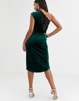 Thumbnail for your product : ASOS DESIGN DESIGN velvet one shoulder wrap lace back bodycon midi dress