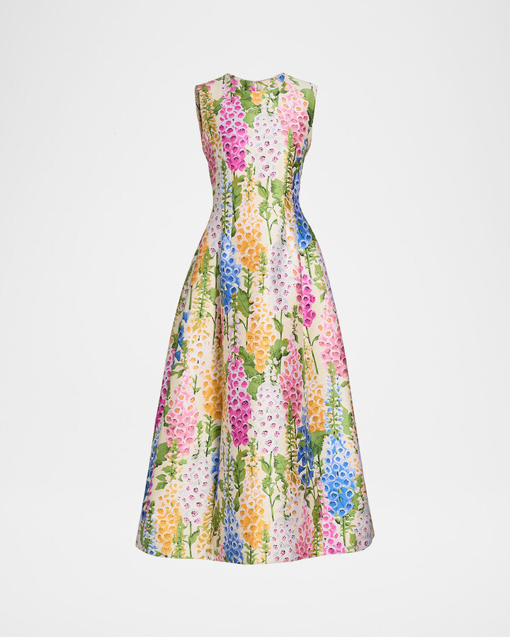 Oscar de la Renta Sleeveless Multi Floral Jacquard Tea-Length Dress