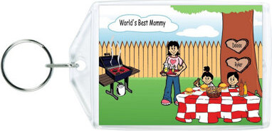 Printed Perfection Personalized Family Backyard Barbeque Single Mom 1 boy, 1 girl Acrylic Key Chain