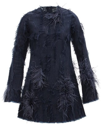 Marques Almeida Feather-trimmed Distressed Denim Mini Dress - Dark ...