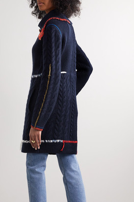 Tory Burch Embroidered Fringed Cable-knit Wool Cardigan - Navy