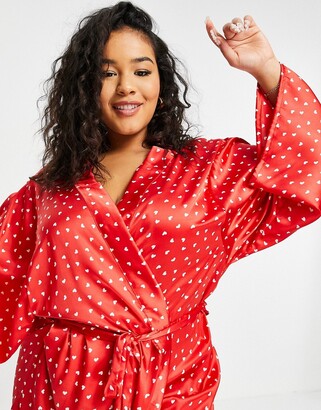 Brave Soul Plus Hallie heart print satin dressing gown in red