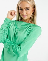 Thumbnail for your product : ASOS DESIGN cowl-neck slinky long-sleeved padded shoulder mini dress in bright green