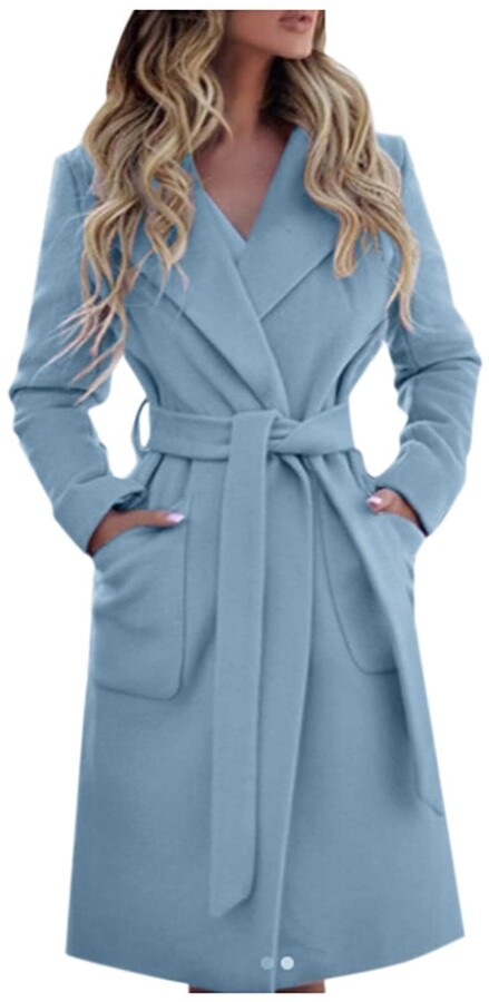 Topassion Women's Wool Coat Lapel Wool Blend Coat Elegant Trench Coat  Autumn Winter Windbreaker Mid-Length Coatigan Coat Slim Fit Long Winter  Coat With Belt Warm Wool Jacket Fashion Outwear Hellblau - ShopStyle
