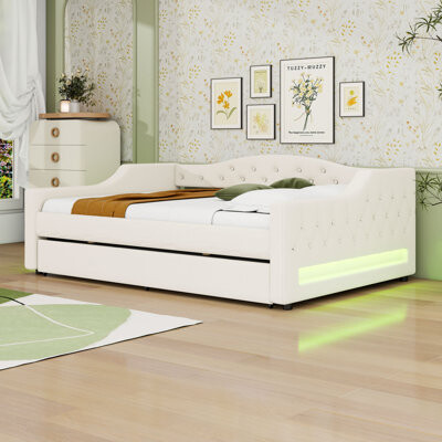 Ivy Bronx Full XL Upholstered Daybed with Trundle and LED Lighting
