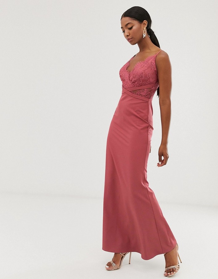 Little Mistress lace top fishtail maxi dress in dark coral - ShopStyle