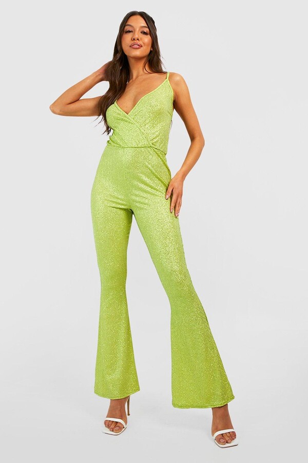 boohoo Shimmer Glitter Strappy Cowl Flare Jumpsuit ShopStyle