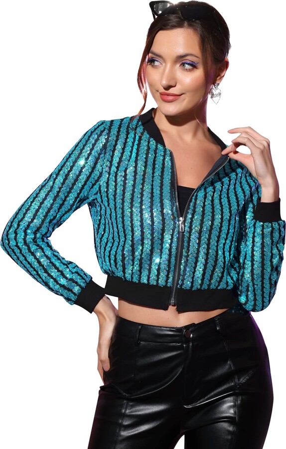 Allegra K Women's Sequin Jacket Shiny Zip Up Crop Halloween Sparkly