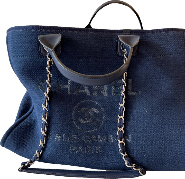 CHANEL Deauville Chain Tote Bag A67001 Glitter Dark Navy Canvas Leather 112