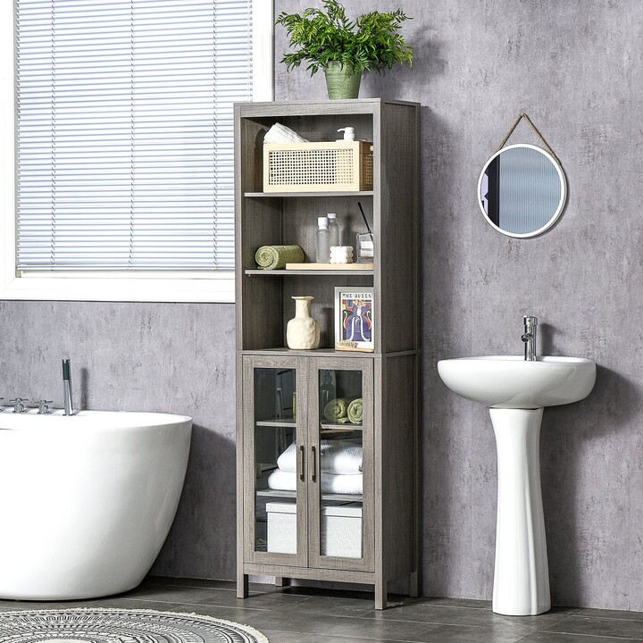 kleankin Bamboo Under Sink Cabinet with 2 Slatted Doors, Freestanding Bathroom Sink Cabinet Space Saver Bathroom Organizer, Natural