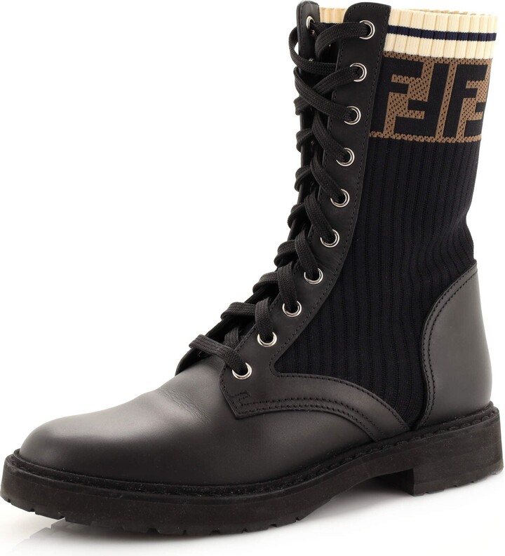 Fendi Women's Rockoko Combat Boots Leather with Knit Stretch Fabric and ...