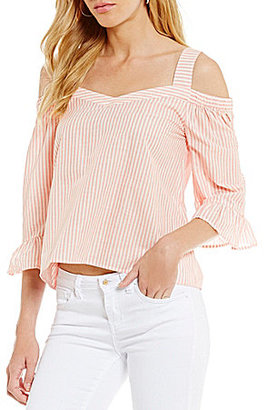 Copper Key Pin Stripe Cold-Shoulder Ruffle Bell-Sleeve Top