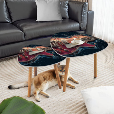 East Urban Home Triangle Nesting Coffee Table Set of 2 Guitar Music Electric Water Splash Vibrant Finish Instrument Details End Table Modern Minimalist Side Table Set