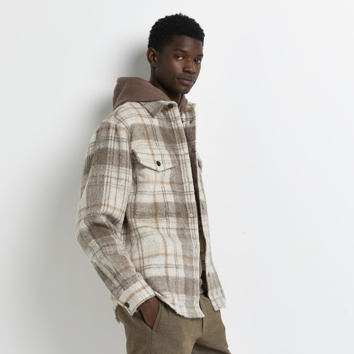 River Island Mens Ecru Oversized Fit Check Long Sleeve Shacket