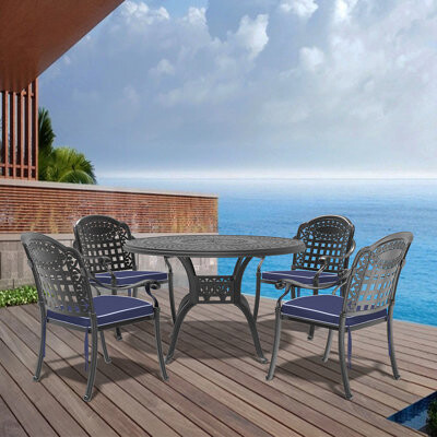 Astoria Grand 5-Piece Set Of Cast Aluminum Patio Furniture With Blue Cushions(Same As W1710S00563)