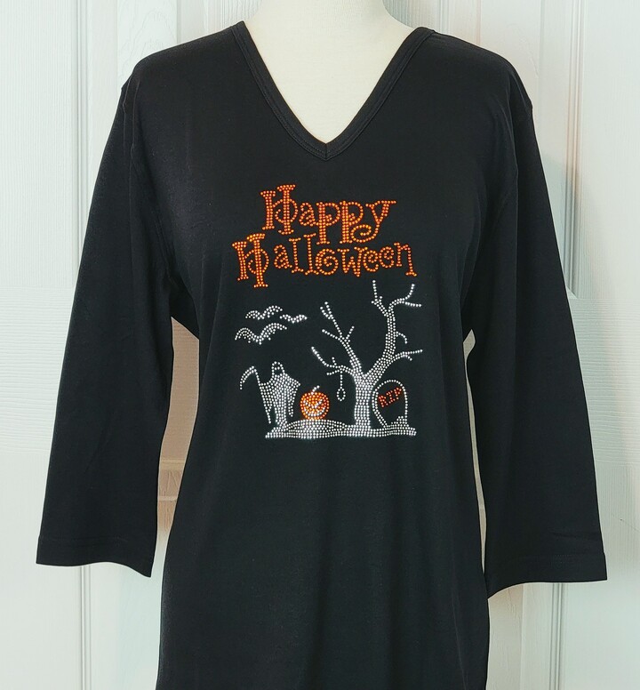 Happy Halloween Graveyard Top Hand Embellished Rhinestone Tombstone Rip Pumpkin Bats Grimm Reaper Noose