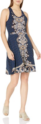 Angie Women's Navy Printed Racerback Fit-and-Flare Dress Medium