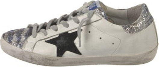 Golden Goose Superstar Low Top Sneakers White Leather Printed Distressed & Glitter Accents Round-Toes Lace-Up Closure at Uppers Designer