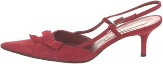 Christian Lacroix Suede Slingback Pumps Red Pointed-Toes with Bow Accents Buckle Closure at Sides | Christian Lacroix Suede Bow Accents Slingback Pumps in Red, Women's IT 37.5 | 7.5