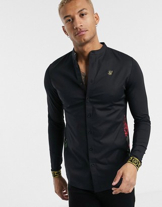 SikSilk long sleeve shirt in black with floral panels