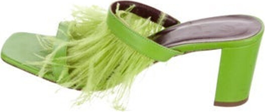 STAUD Leather Slides Green Feather Trim Multistrap Unfortunately due to restrictions this item may not be eligible for shipping in all areas.
