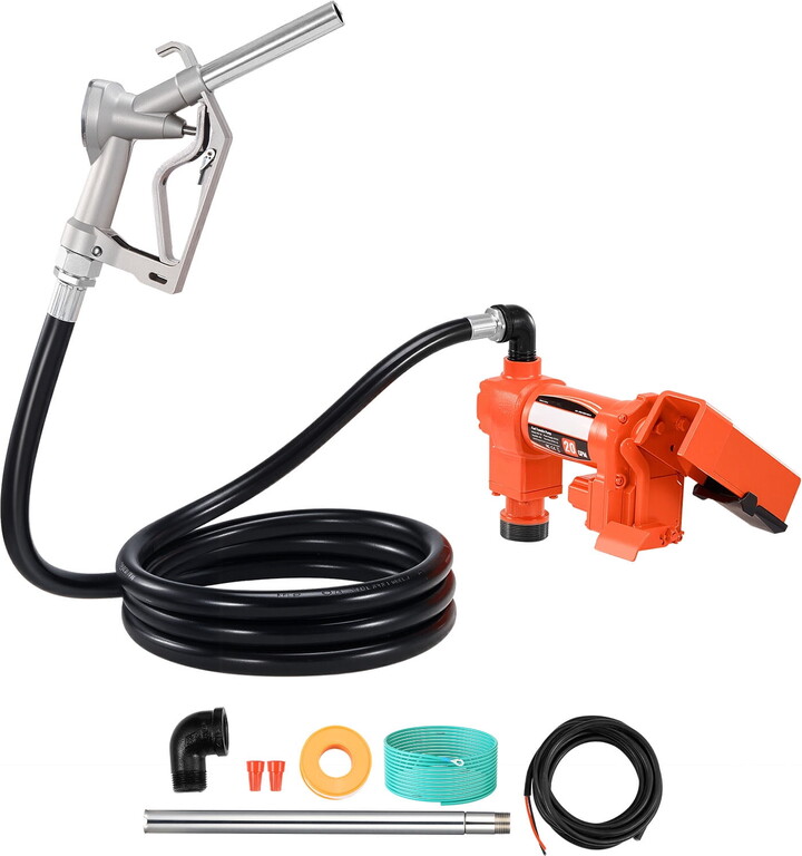 KFFKFF 12V DC 20 GPM Fuel Transfer Pump, 1/4 HP Diesel Pump with Manual Nozzle, Discharge Hose, and Suction Pipe, Compatible with Gasoline, Diesel, Kerosene, Ethanol-Methanol Blends, and Biodiesel