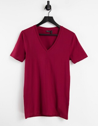 ASOS DESIGN muscle fit t-shirt with deep v neck in burgundy