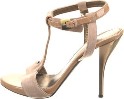 Lanvin Suede T-Strap Sandals Neutrals Leather Trim Embellishment & Patent Leather Trim Wrap-Around Straps & Buckle Closure at Ankles Designer