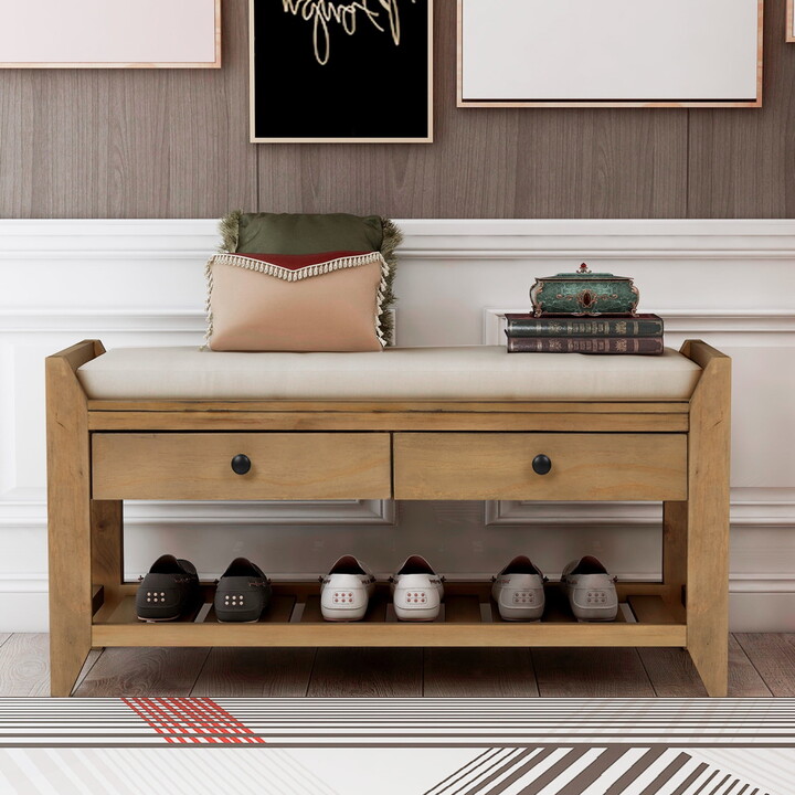 Leumius Shoe Storage Bench with Cushioned Seat and Drawers, Shoe Rack Multipurpose Entryway Storage Bench