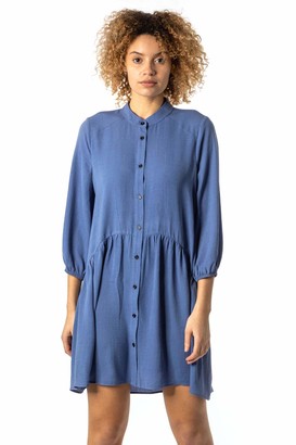 Roman Originals Womens Dropped Waist Shirt Dress - Ladies Office Work 3/4 Sleeve Above Knee Length Dresses Gather Detail Fit and Flare Shape Tunic Frock - Denim Blue - Size 16
