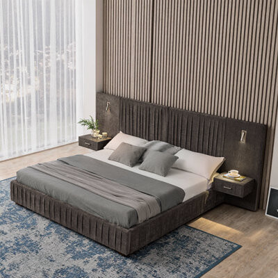 ??Queen Size Chenille Bed Frame with Integrated Side Table & Adjustable Lighting?