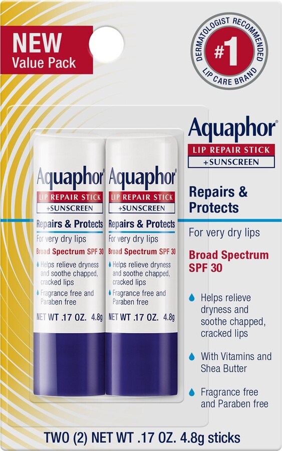 Aquaphor Lip Repair Sticks + SPF 30 Twin Pack, 2 0.17 OZ Sticks