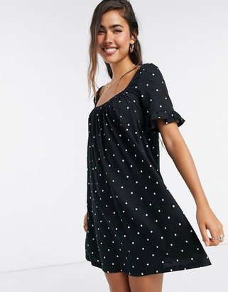 ASOS DESIGN square-neck mini smock dress with frill sleeve in black spot print
