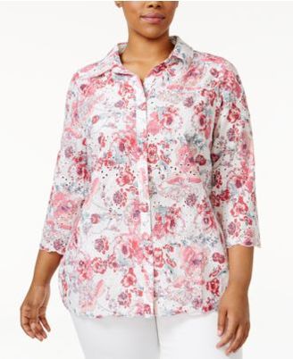 Charter Club Plus Size Floral-Print Eyelet Shirt, Created for Macy's